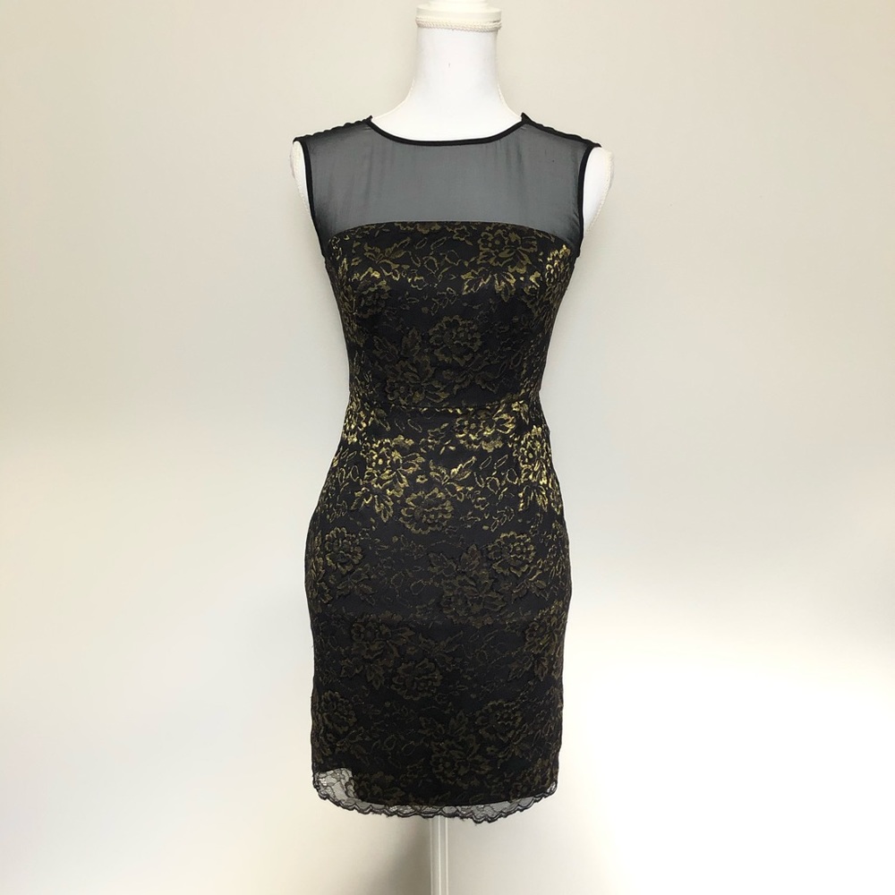 Diane Von Furstenberg Dress Floral Lace Lined Silk Bodycon Black Gold Metallic